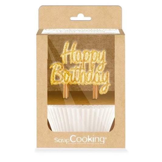 24 Caissettes + 12 Cake Toppers Happy Birthday