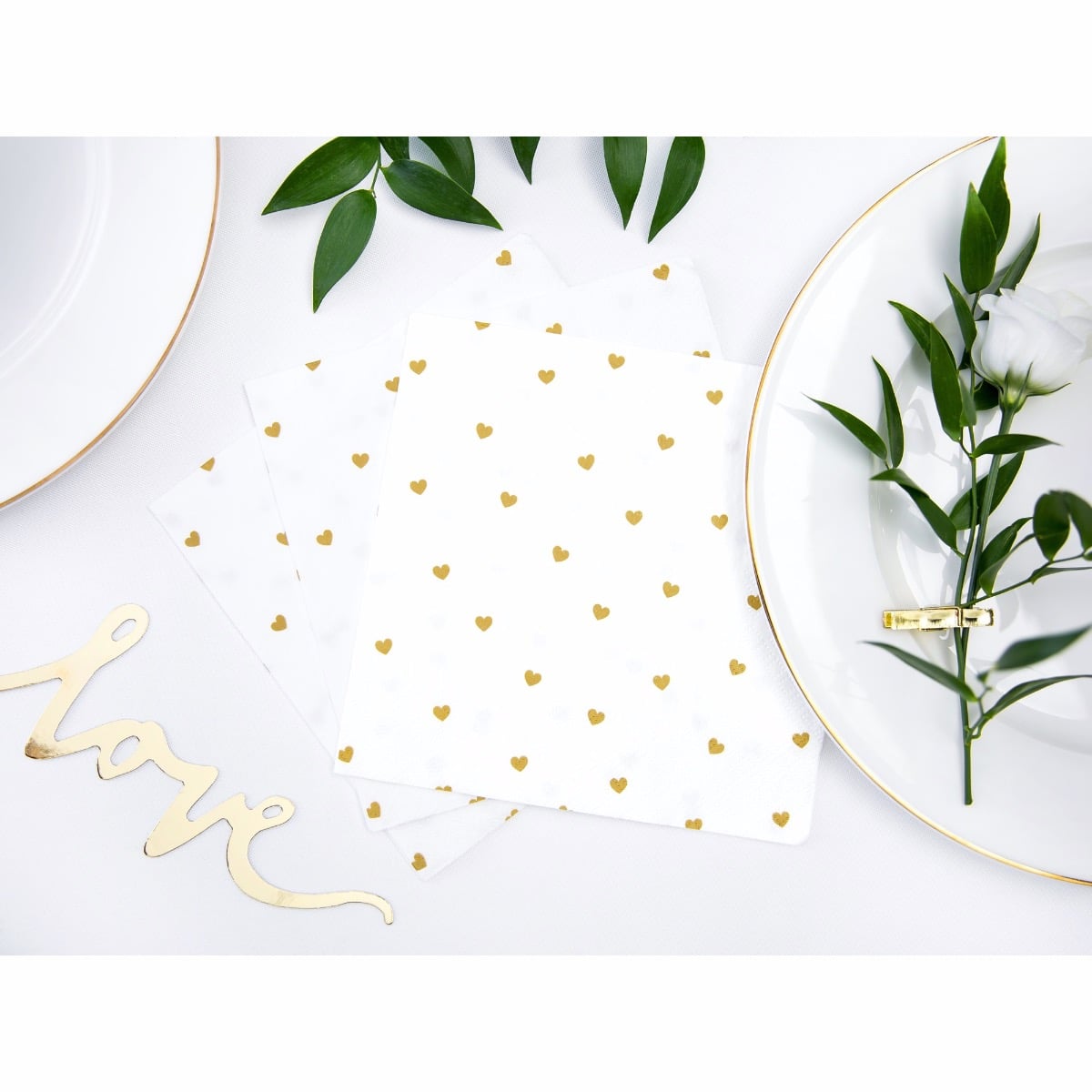 Serviettes blanches à coeurs Or (20pcs)