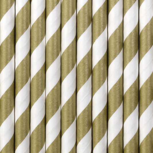 Pailles en papier à rayures Or mat (10pcs)