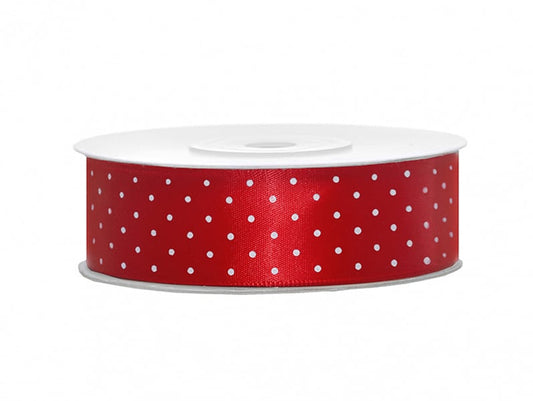 Ruban Satiné Rouge à pois blancs 25mm / 25m